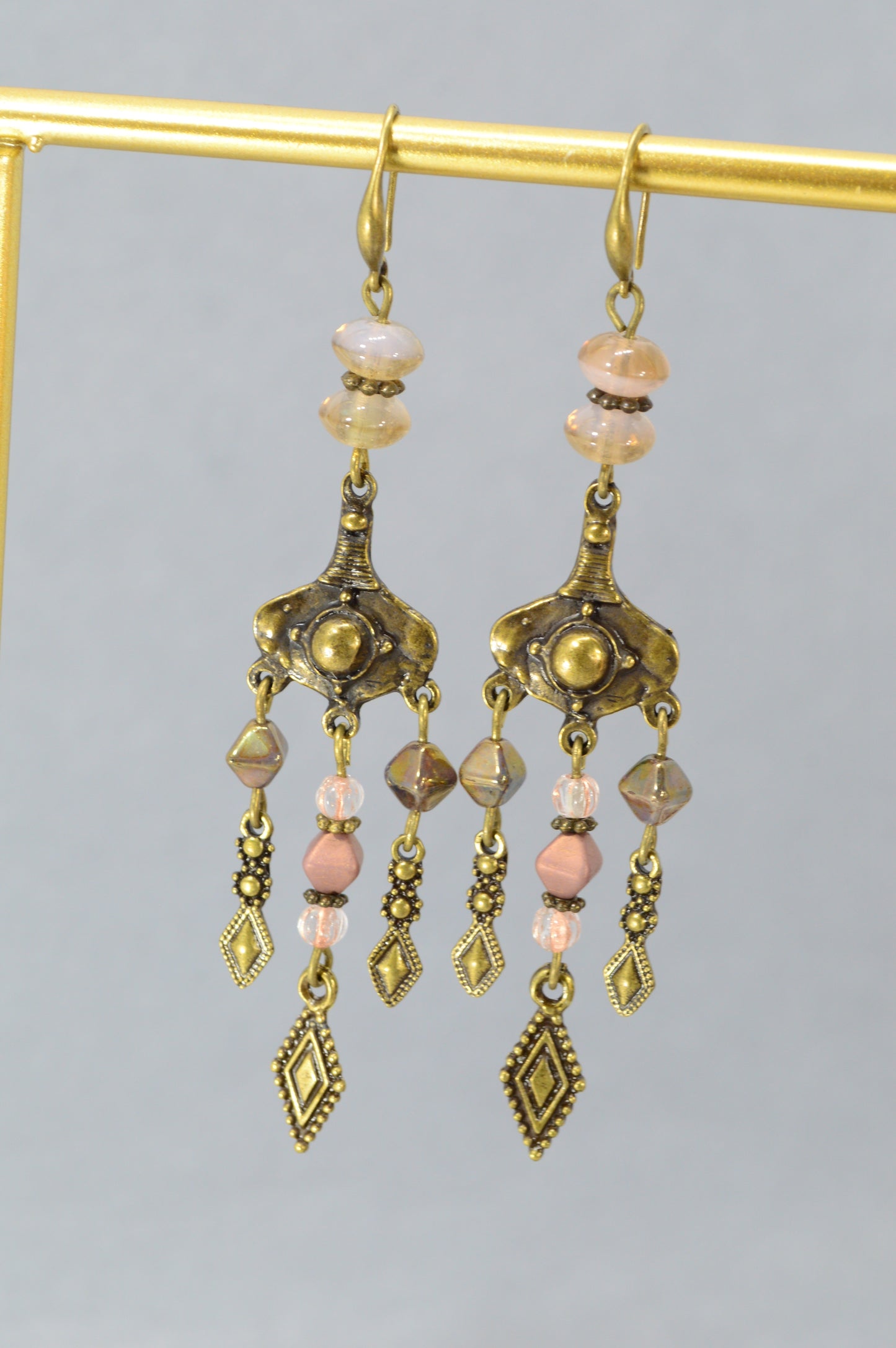 : Boho Bronze Chandelier Earrings with Czech Glass – 3.7"