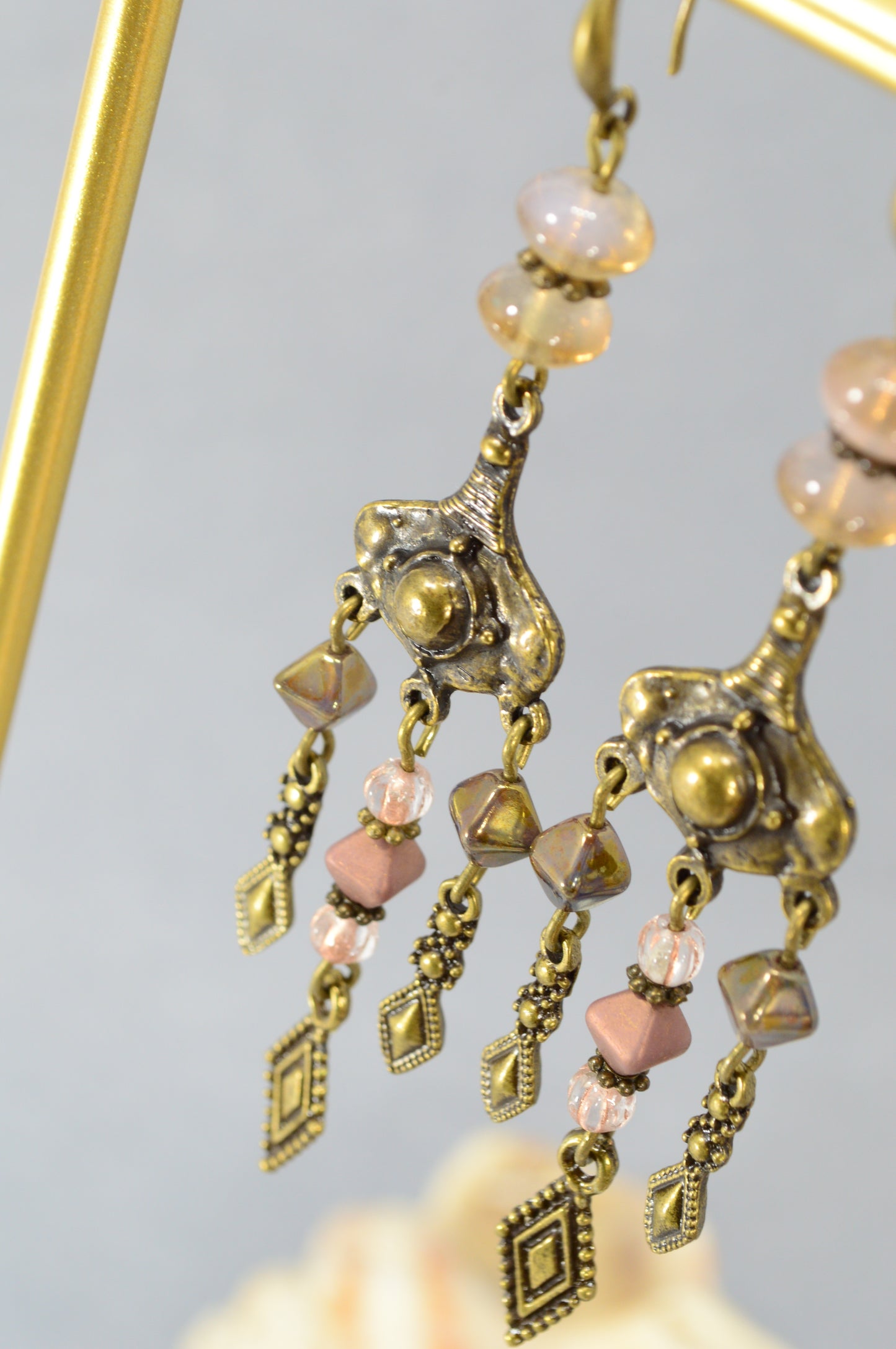 : Boho Bronze Chandelier Earrings with Czech Glass – 3.7"