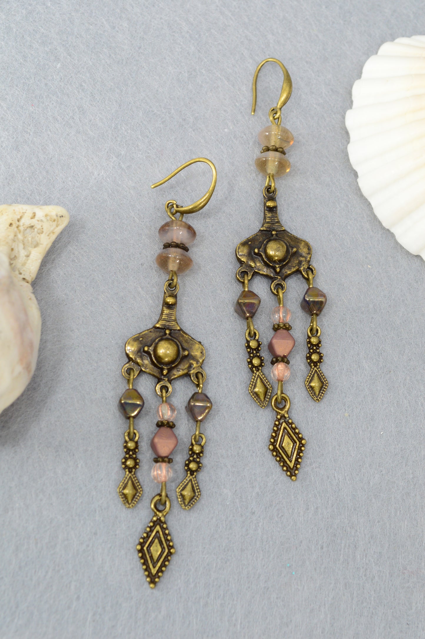 : Boho Bronze Chandelier Earrings with Czech Glass – 3.7"