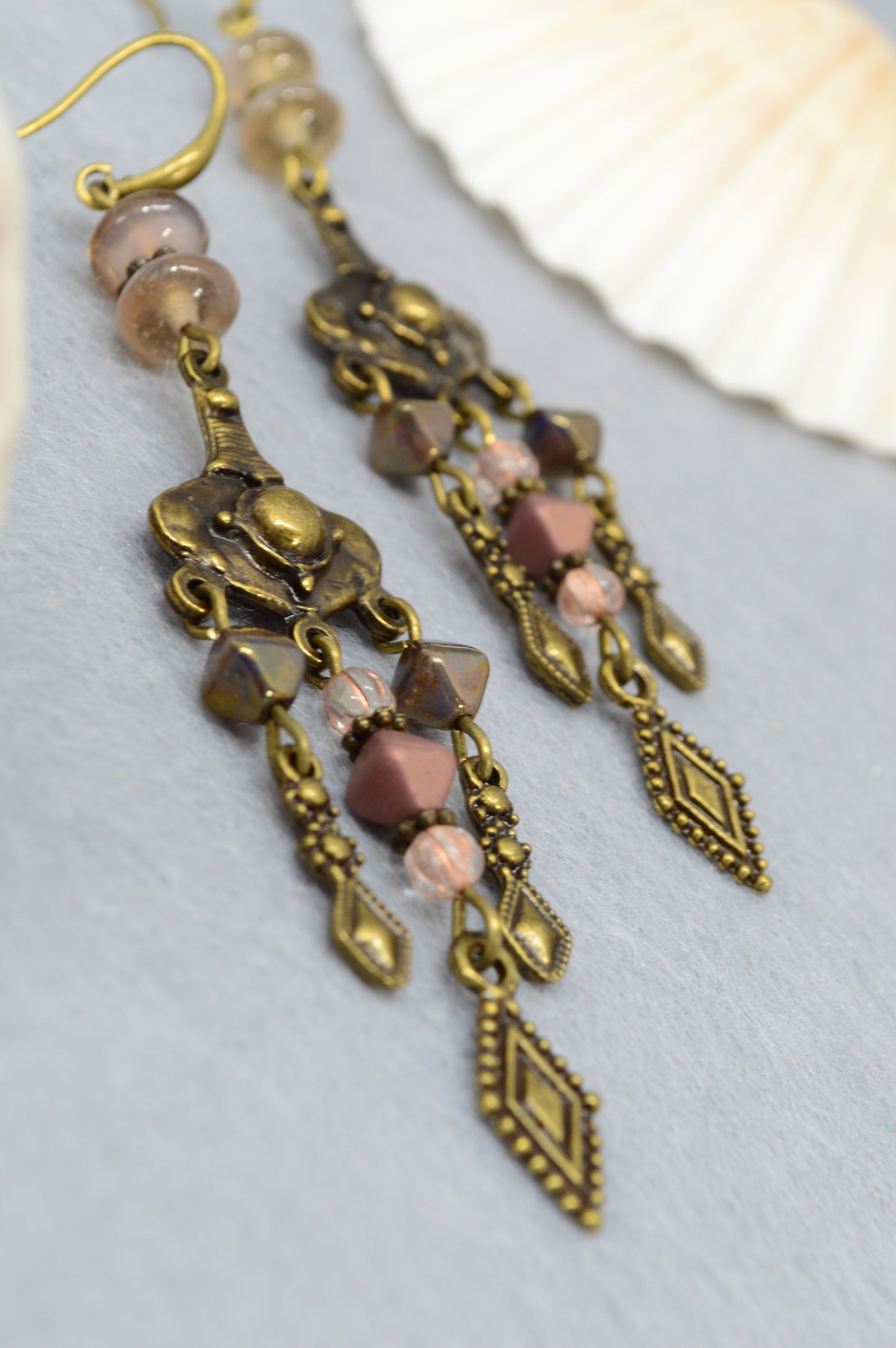 : Boho Bronze Chandelier Earrings with Czech Glass – 3.7"