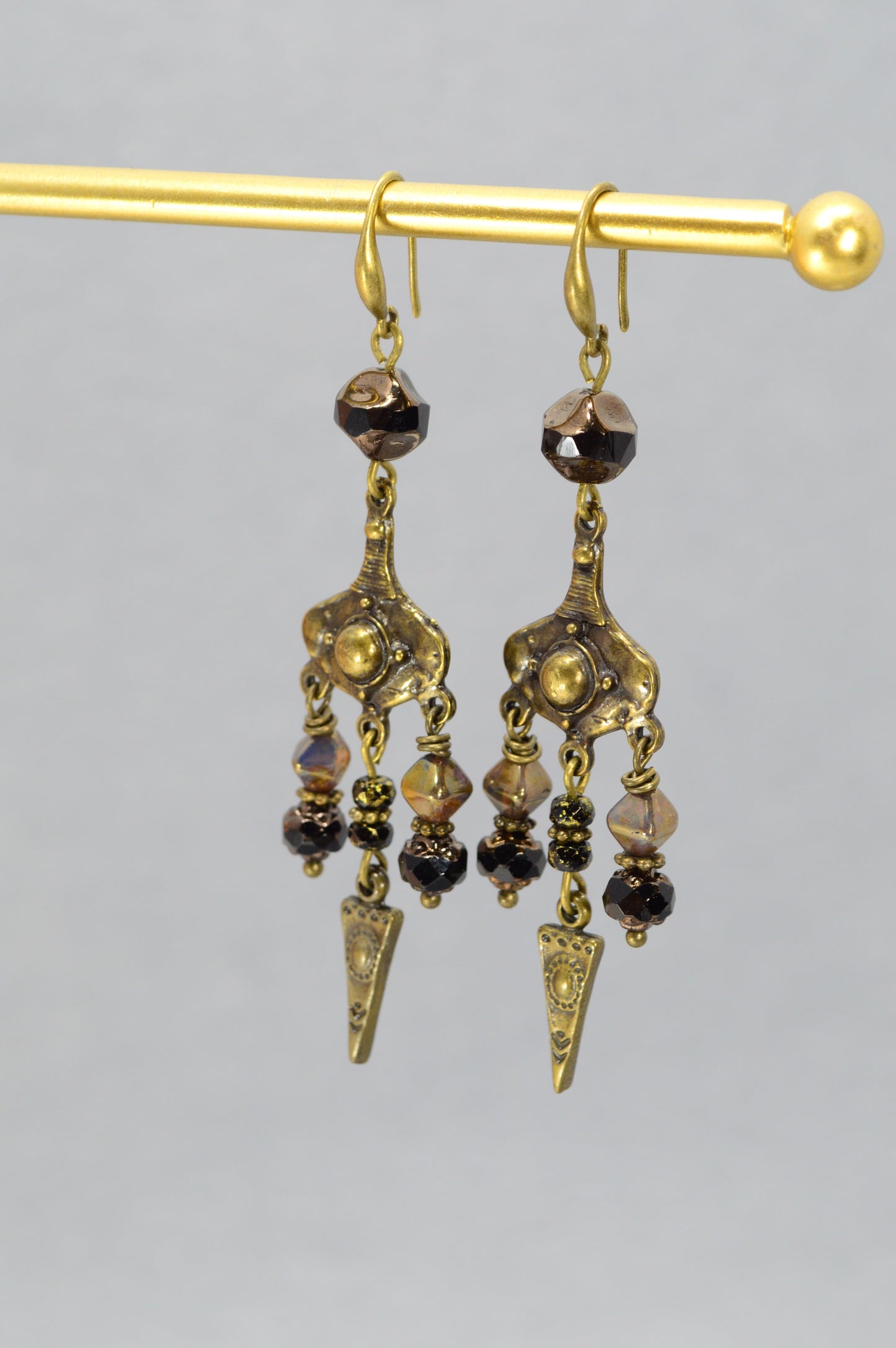 Boho Bronze Chandelier Earrings with Czech Glass Beads – 3.1"