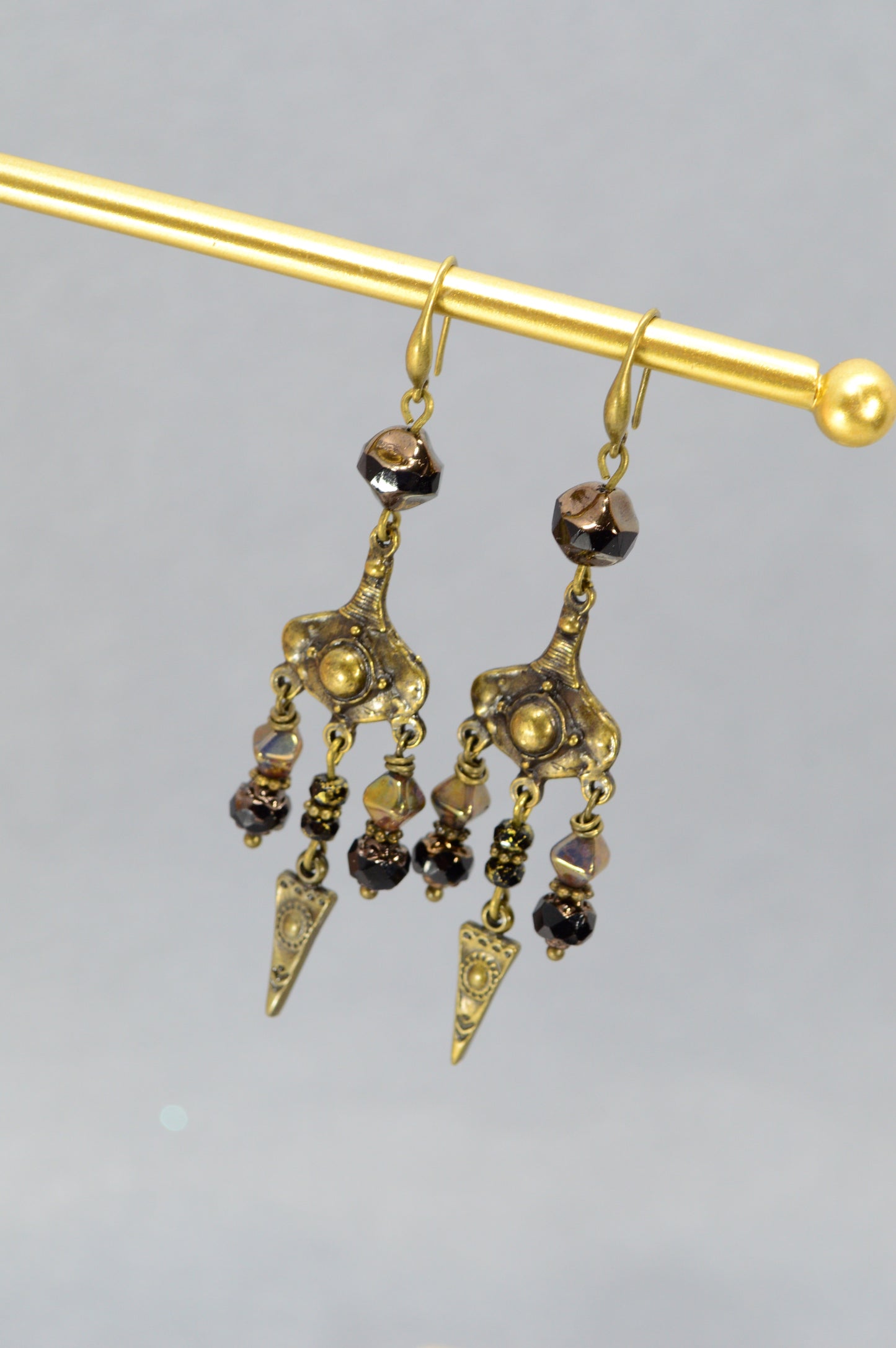 Boho Bronze Chandelier Earrings with Czech Glass Beads – 3.1"