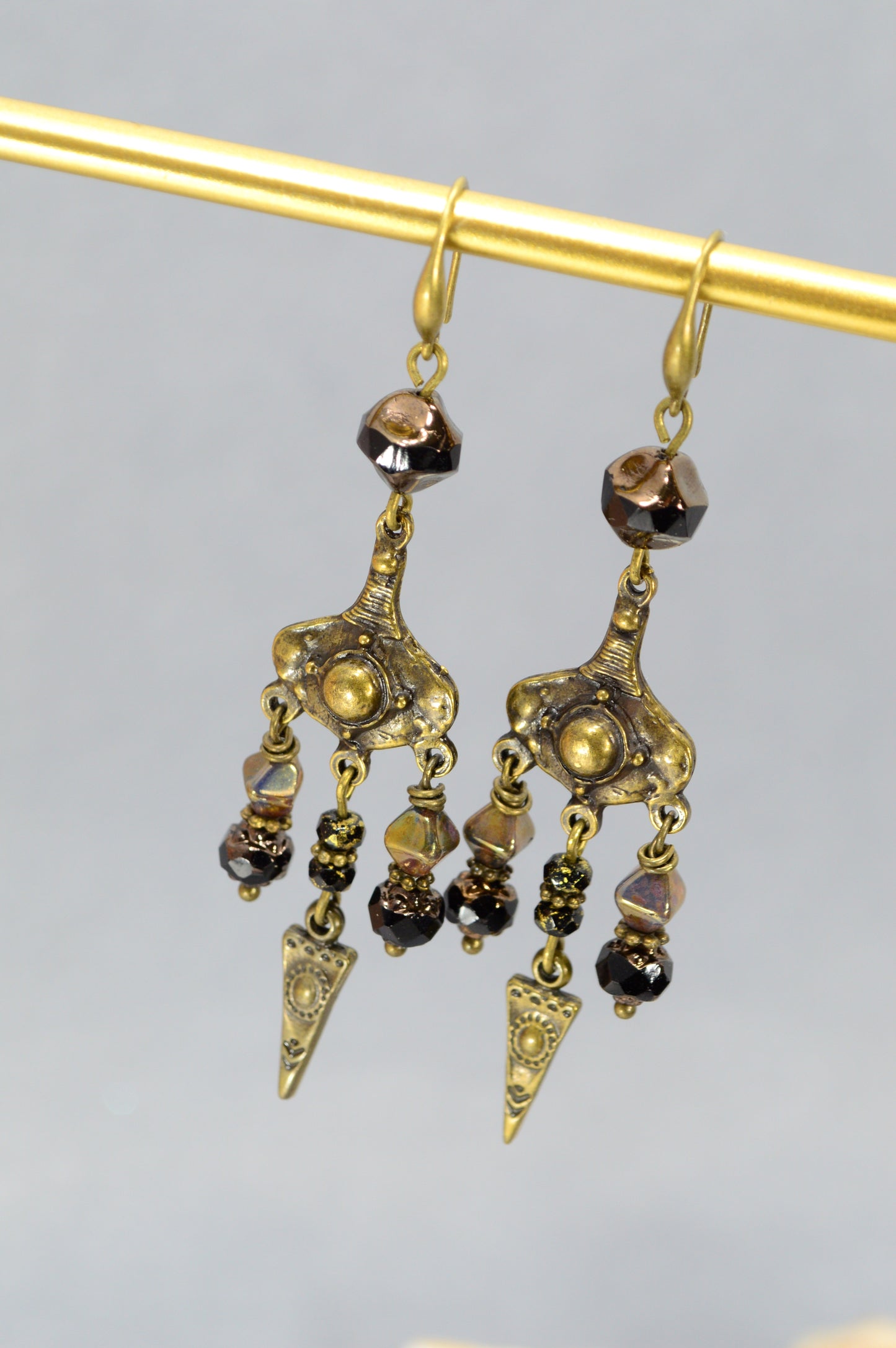 Boho Bronze Chandelier Earrings with Czech Glass Beads – 3.1"