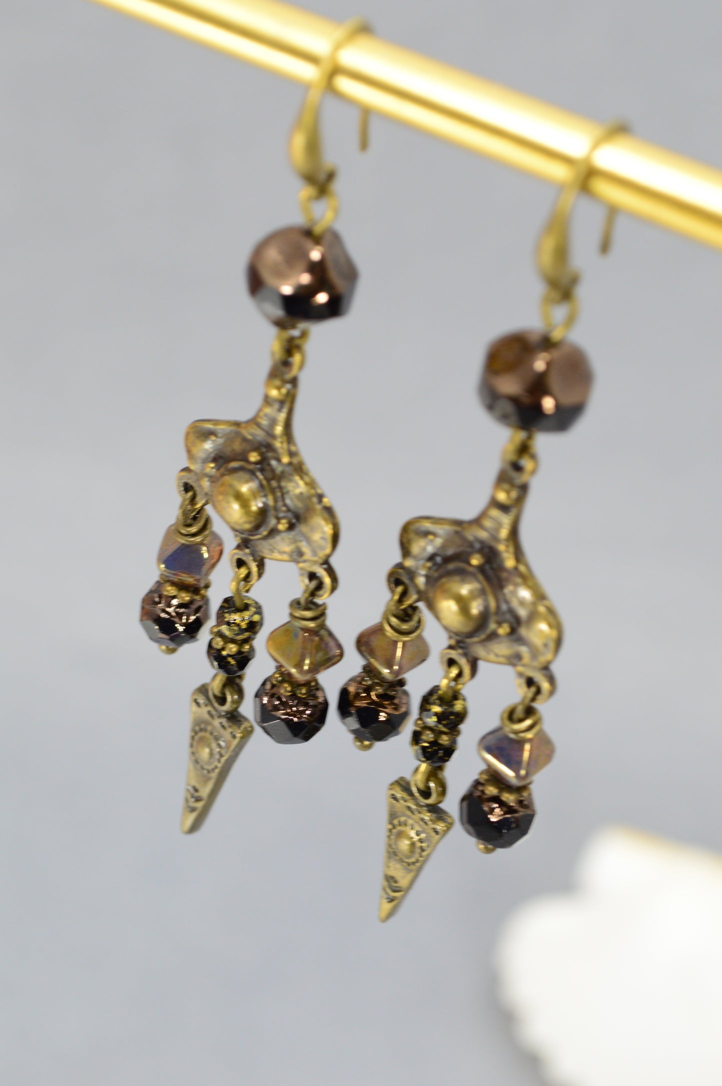 Boho Bronze Chandelier Earrings with Czech Glass Beads – 3.1"