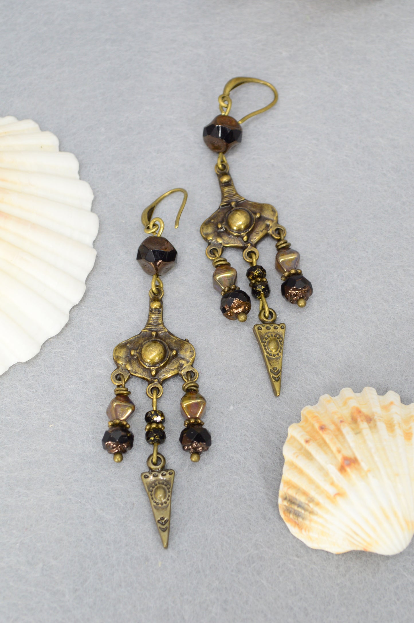 Boho Bronze Chandelier Earrings with Czech Glass Beads – 3.1"