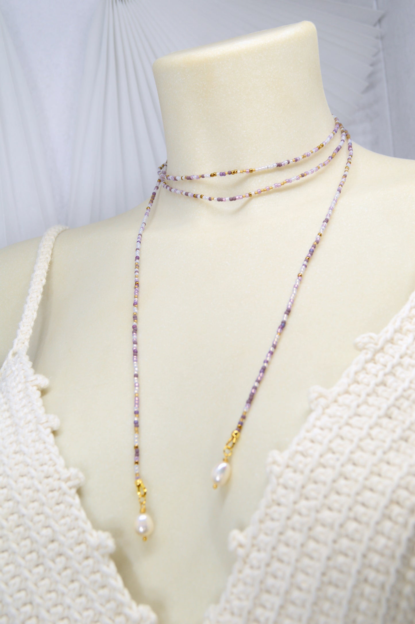 Lilac Glow Beaded Lariat Necklace, Purple Wrap Choker with Freshwater Pearls