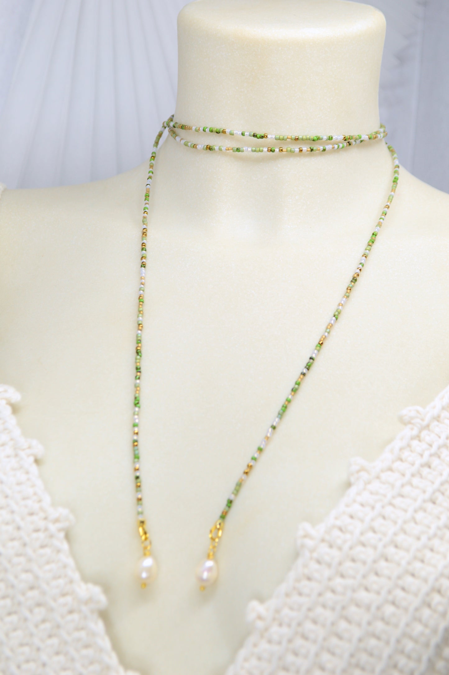 Olive Breeze Beaded Lariat Necklace, Green Wrap Choker with Freshwater Pearls