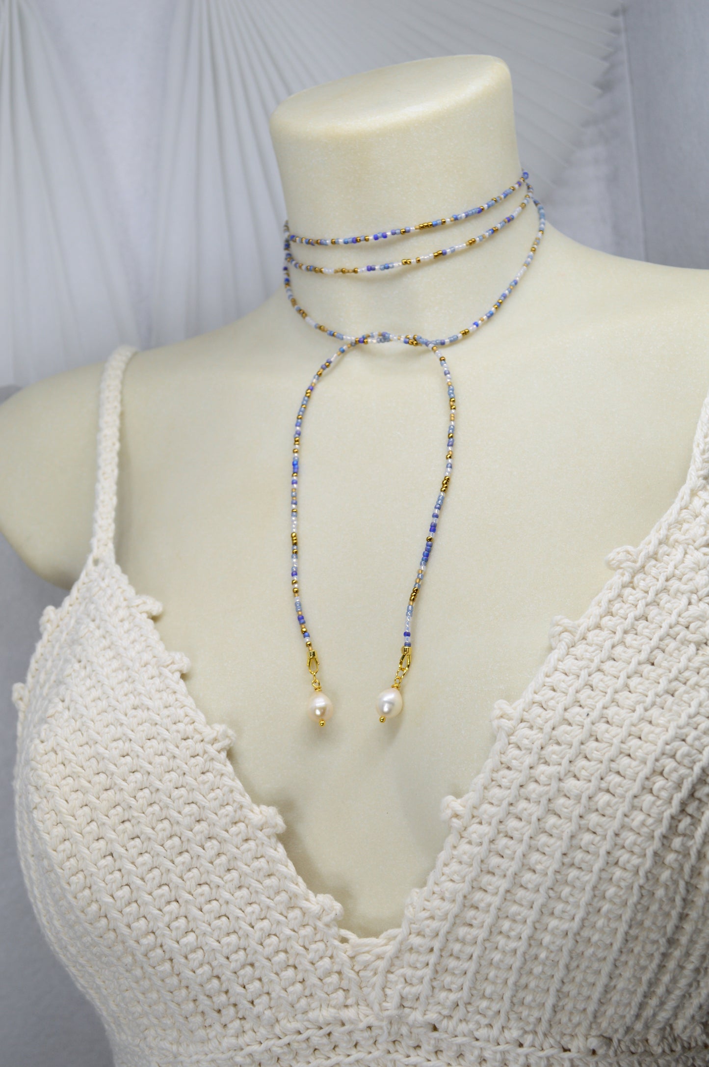Coastal Breeze Beaded Lariat Necklace, Blue & Gold Wrap Choker with Pearl Drops