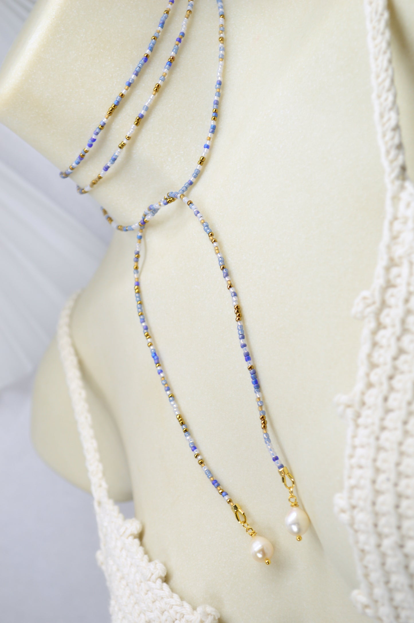 Coastal Breeze Beaded Lariat Necklace, Blue & Gold Wrap Choker with Pearl Drops