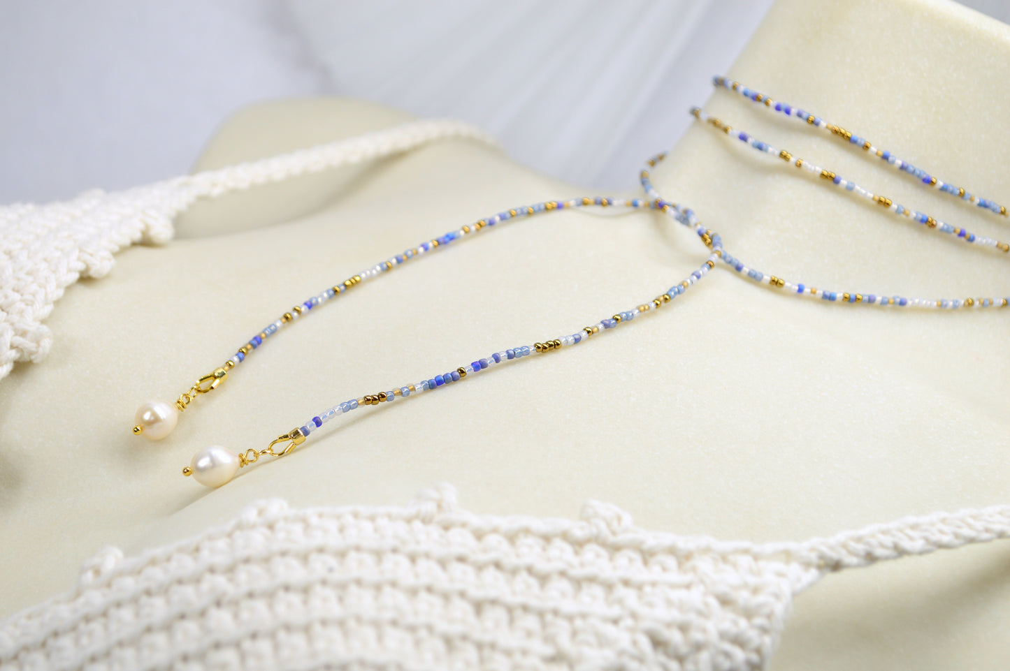 Coastal Breeze Beaded Lariat Necklace, Blue & Gold Wrap Choker with Pearl Drops
