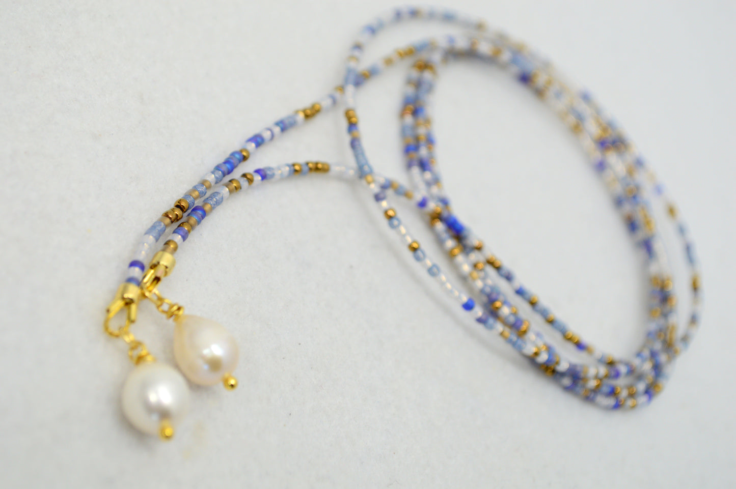 Coastal Breeze Beaded Lariat Necklace, Blue & Gold Wrap Choker with Pearl Drops