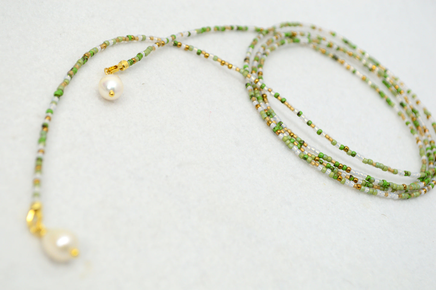 Olive Breeze Beaded Lariat Necklace, Green Wrap Choker with Freshwater Pearls