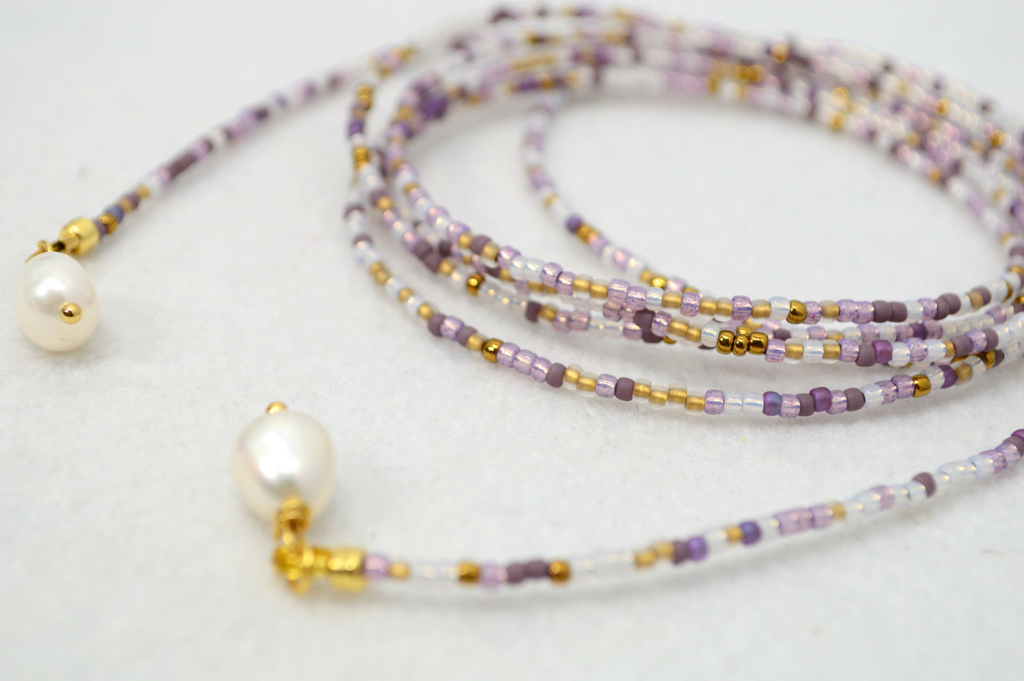 Lilac Glow Beaded Lariat Necklace, Purple Wrap Choker with Freshwater Pearls