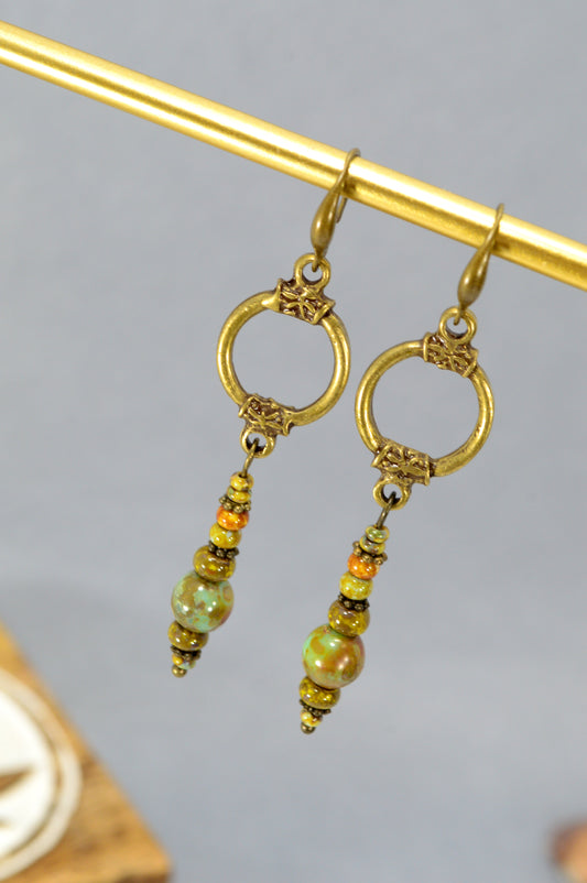 Boho Bronze Hoop Earrings with Czech Glass – 2.8"