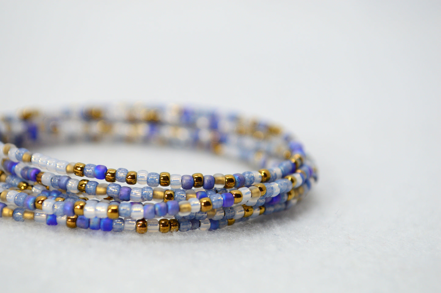 Coastal Breeze Beaded Lariat Necklace, Blue & Gold Wrap Choker with Pearl Drops