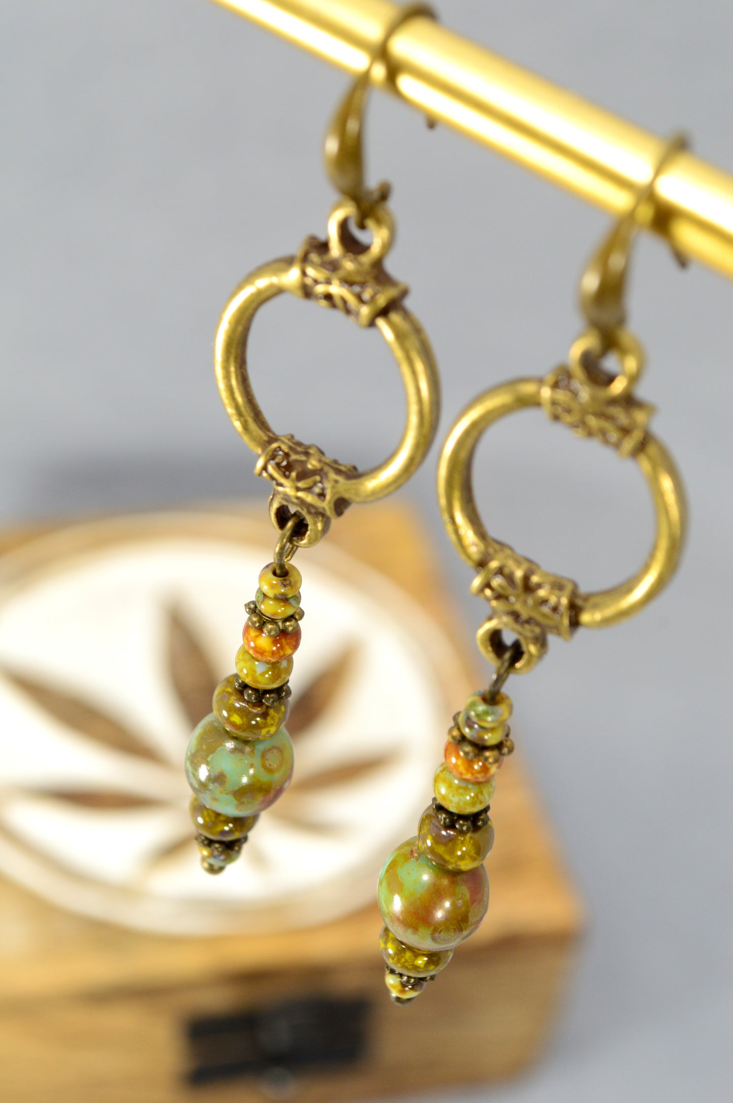 Boho Bronze Hoop Earrings with Czech Glass – 2.8"