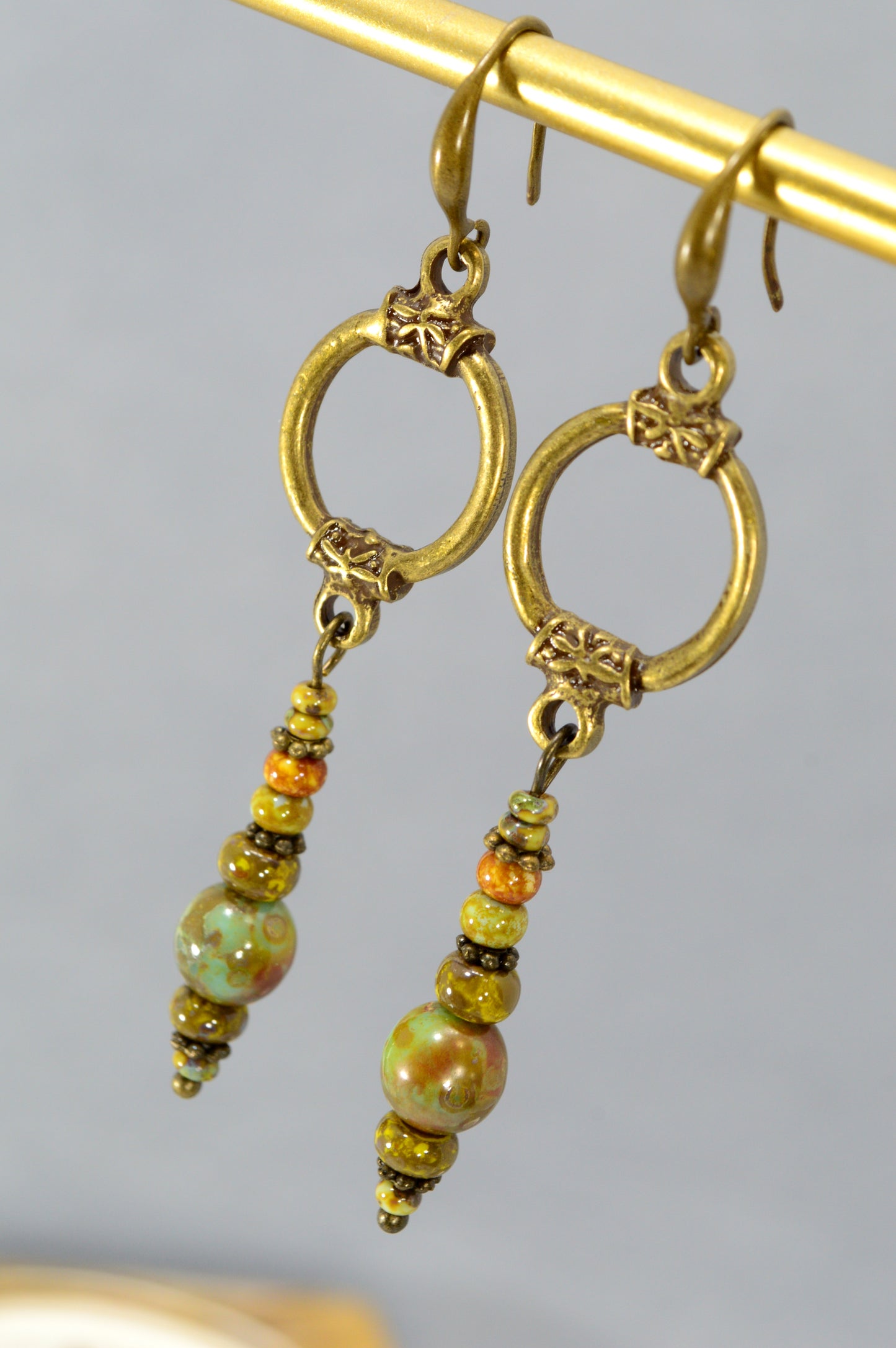 Boho Bronze Hoop Earrings with Czech Glass – 2.8"