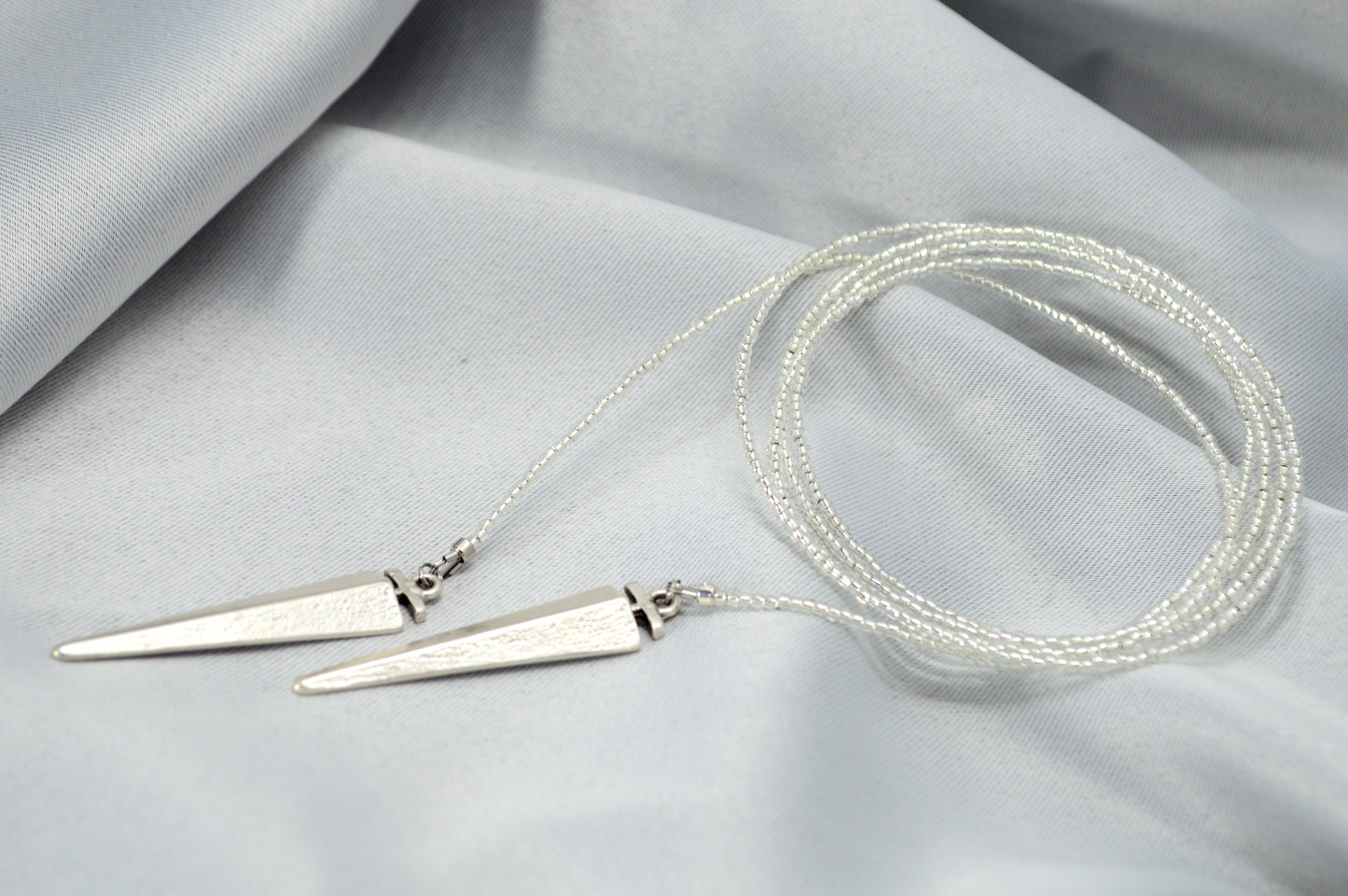 Glow in the Dark Lariat Necklace, White Beaded Wrap Choker with Spike Pendant