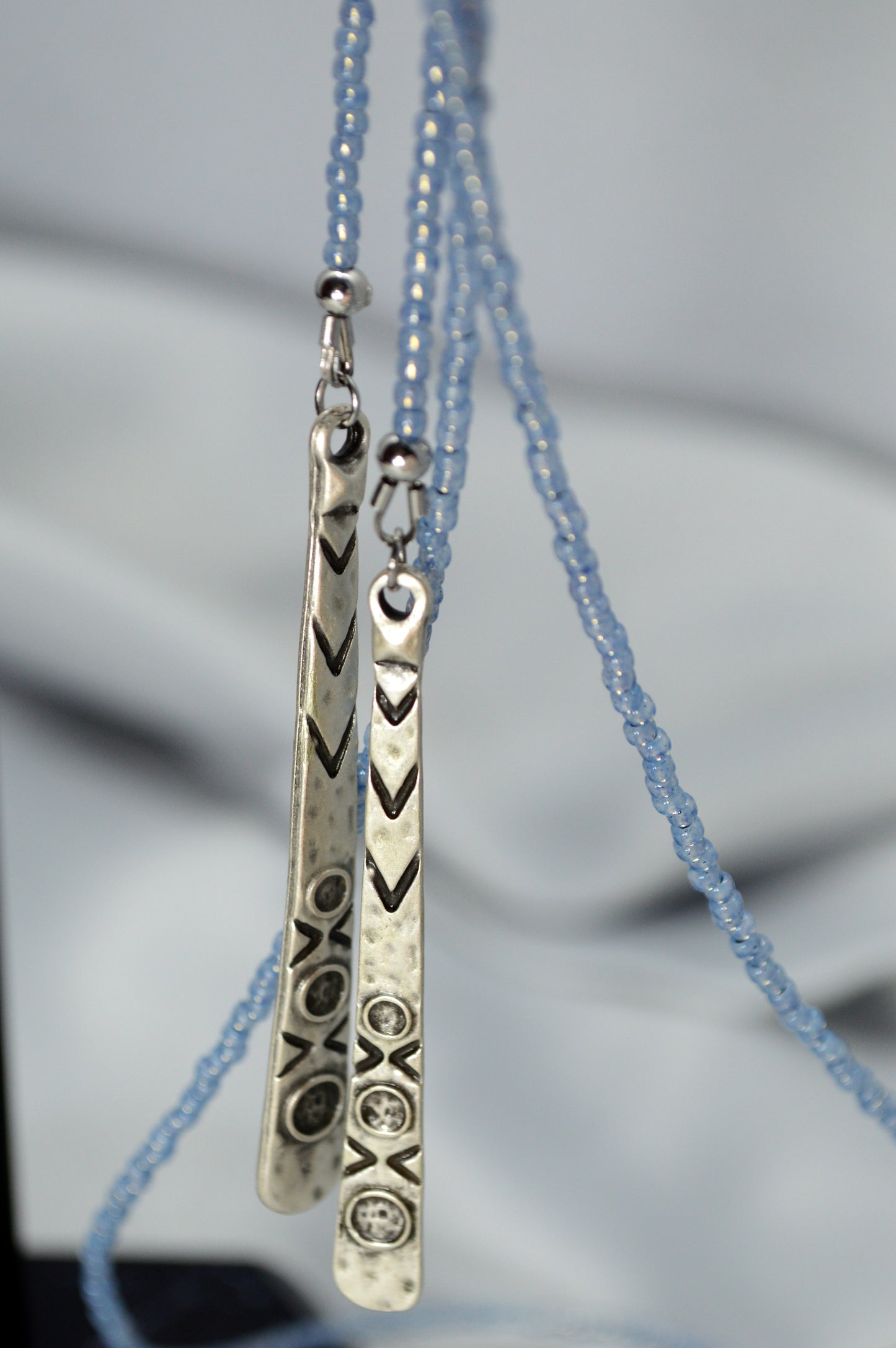 Light Blue Beaded Lariat Necklace, Boho Wrap Choker with Stainless Steel Drop Pendant