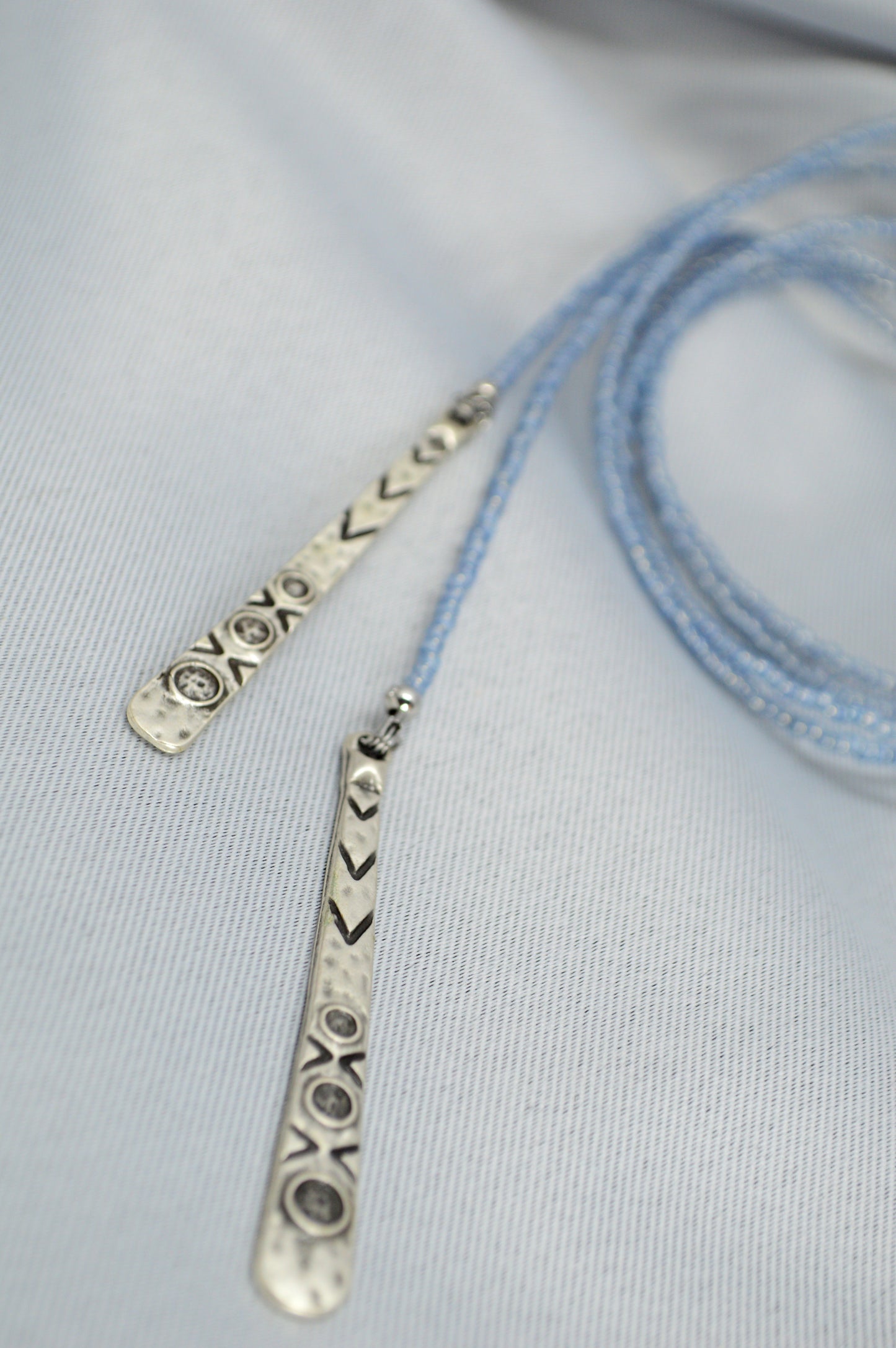 Light Blue Beaded Lariat Necklace, Boho Wrap Choker with Stainless Steel Drop Pendant