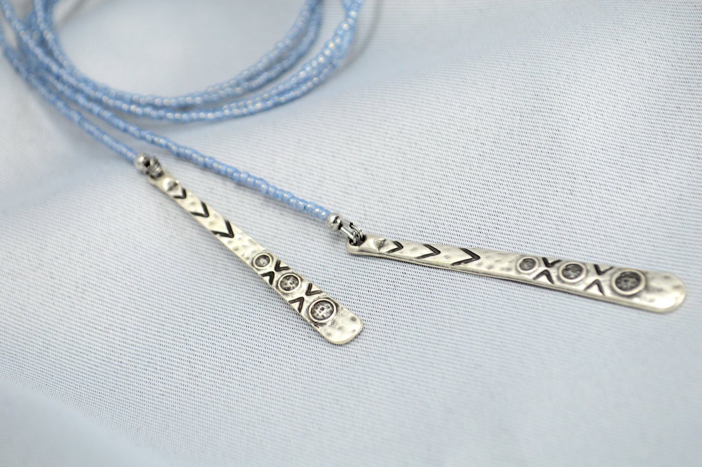 Light Blue Beaded Lariat Necklace, Boho Wrap Choker with Stainless Steel Drop Pendant