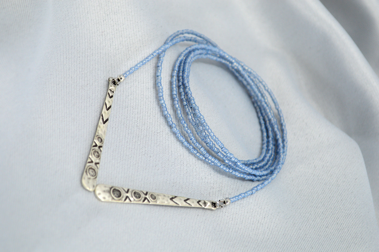 Light Blue Beaded Lariat Necklace, Boho Wrap Choker with Stainless Steel Drop Pendant