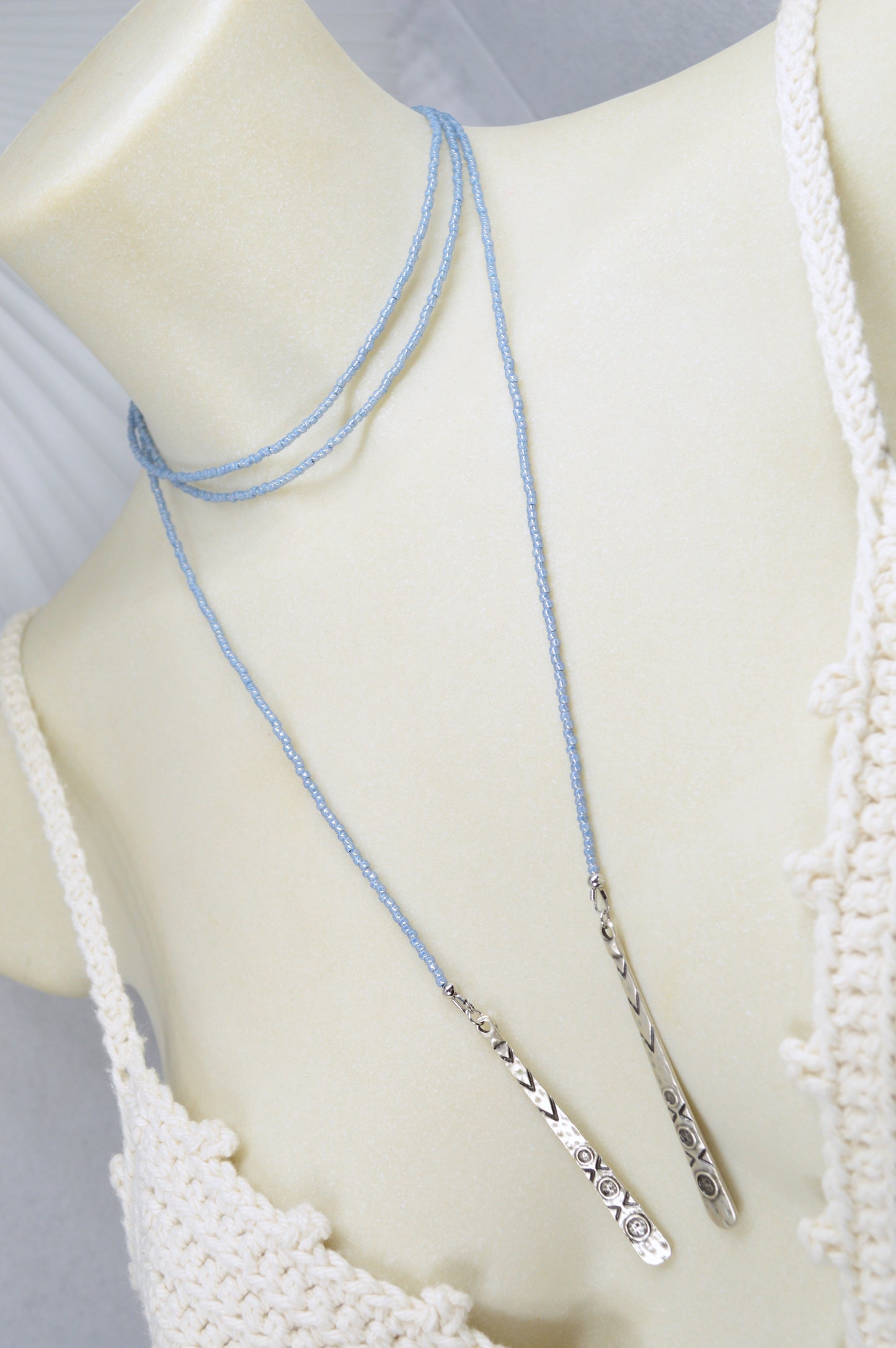 Light Blue Beaded Lariat Necklace, Boho Wrap Choker with Stainless Steel Drop Pendant