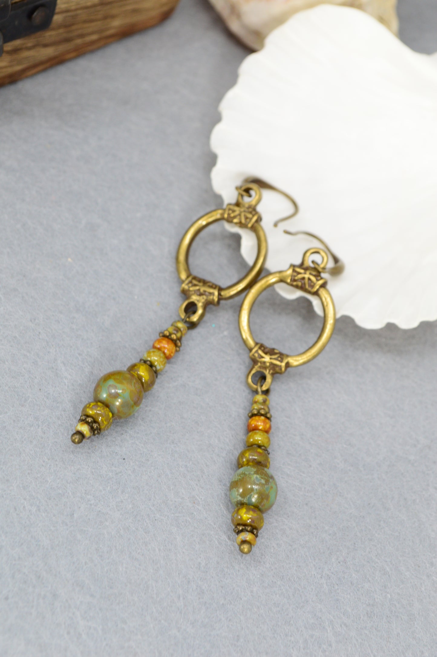 Boho Bronze Hoop Earrings with Czech Glass – 2.8"
