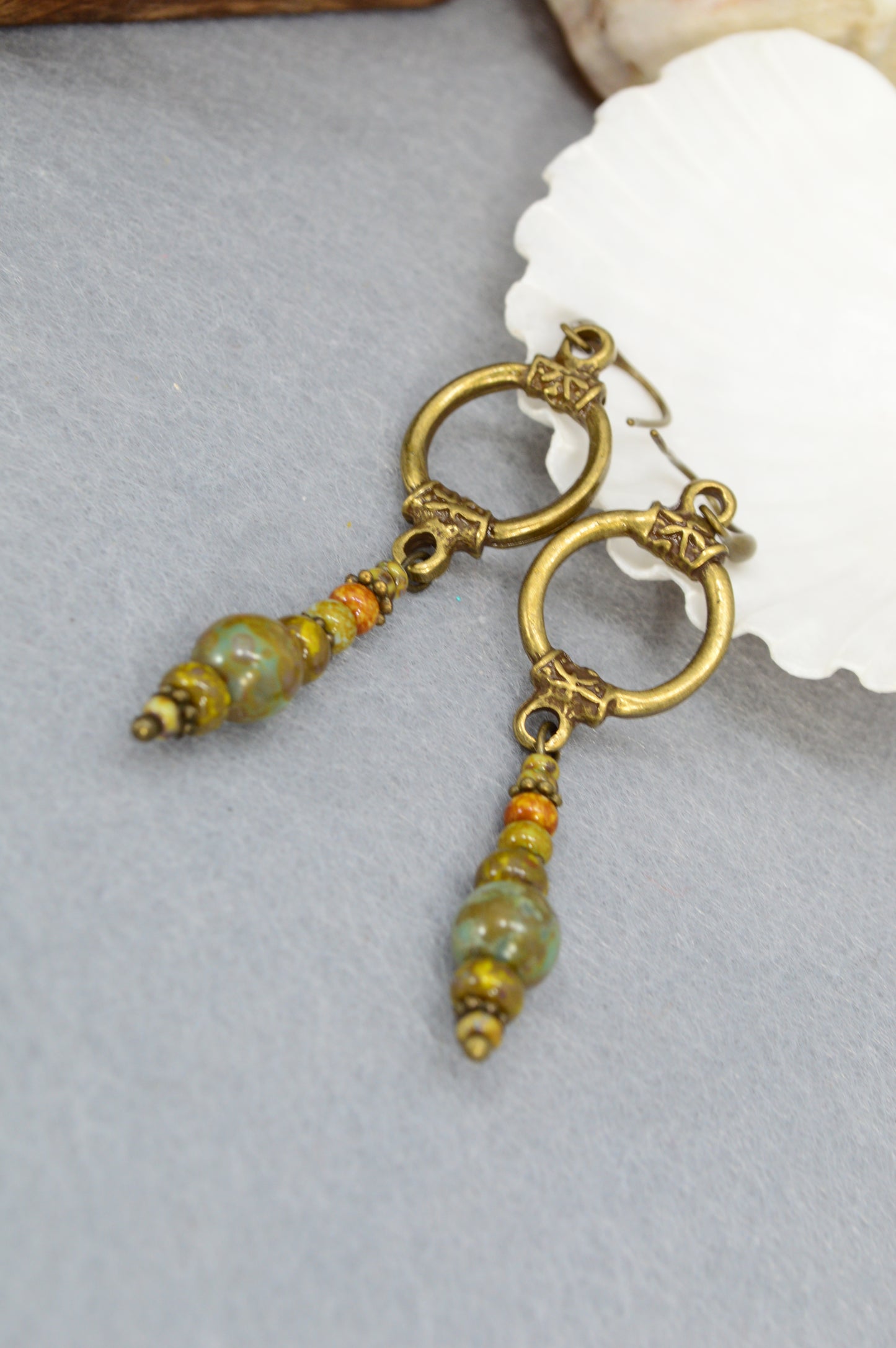 Boho Bronze Hoop Earrings with Czech Glass – 2.8"