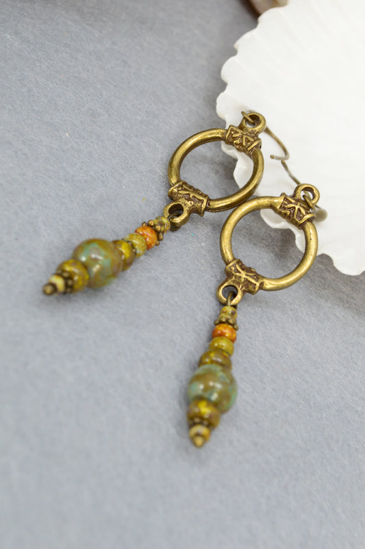 Boho Bronze Hoop Earrings with Czech Glass – 2.8"