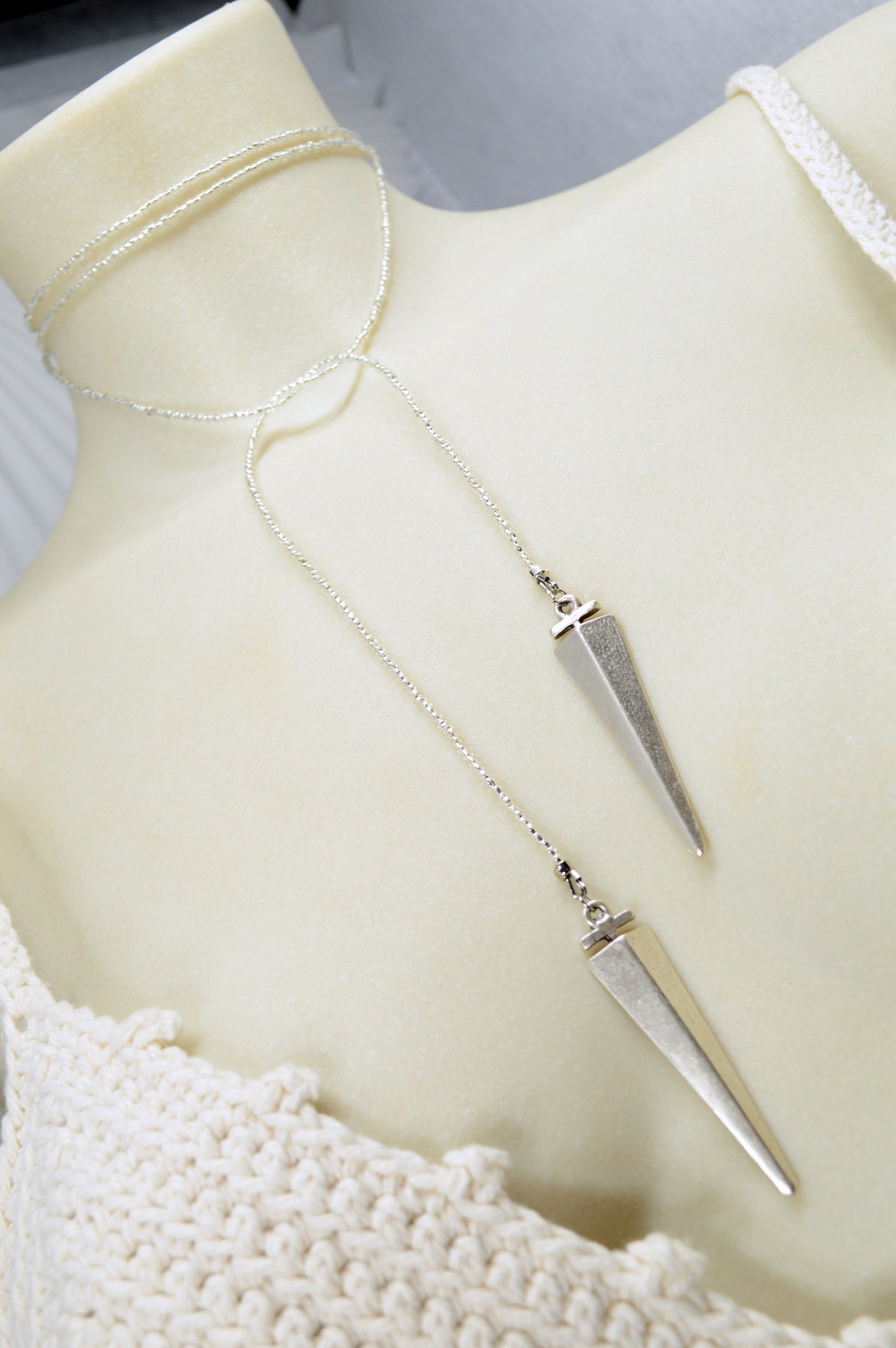 Glow in the Dark Lariat Necklace, White Beaded Wrap Choker with Spike Pendant