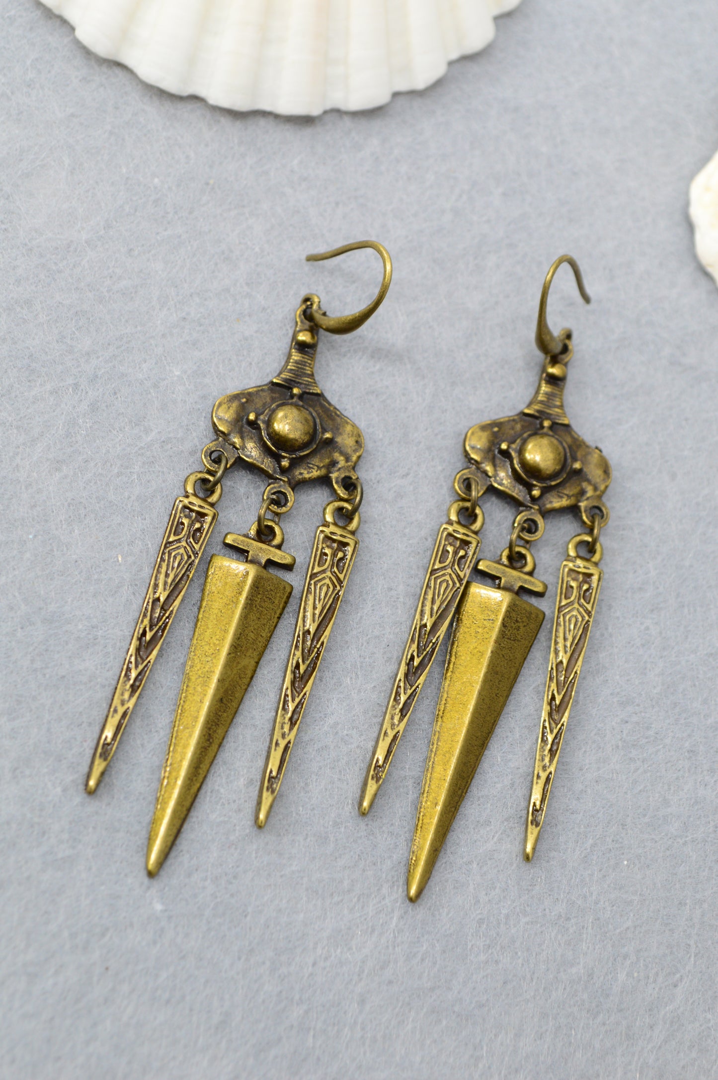 Boho Tribal Spike Dangle Earrings in Silver & Bronze 10cm - 4"