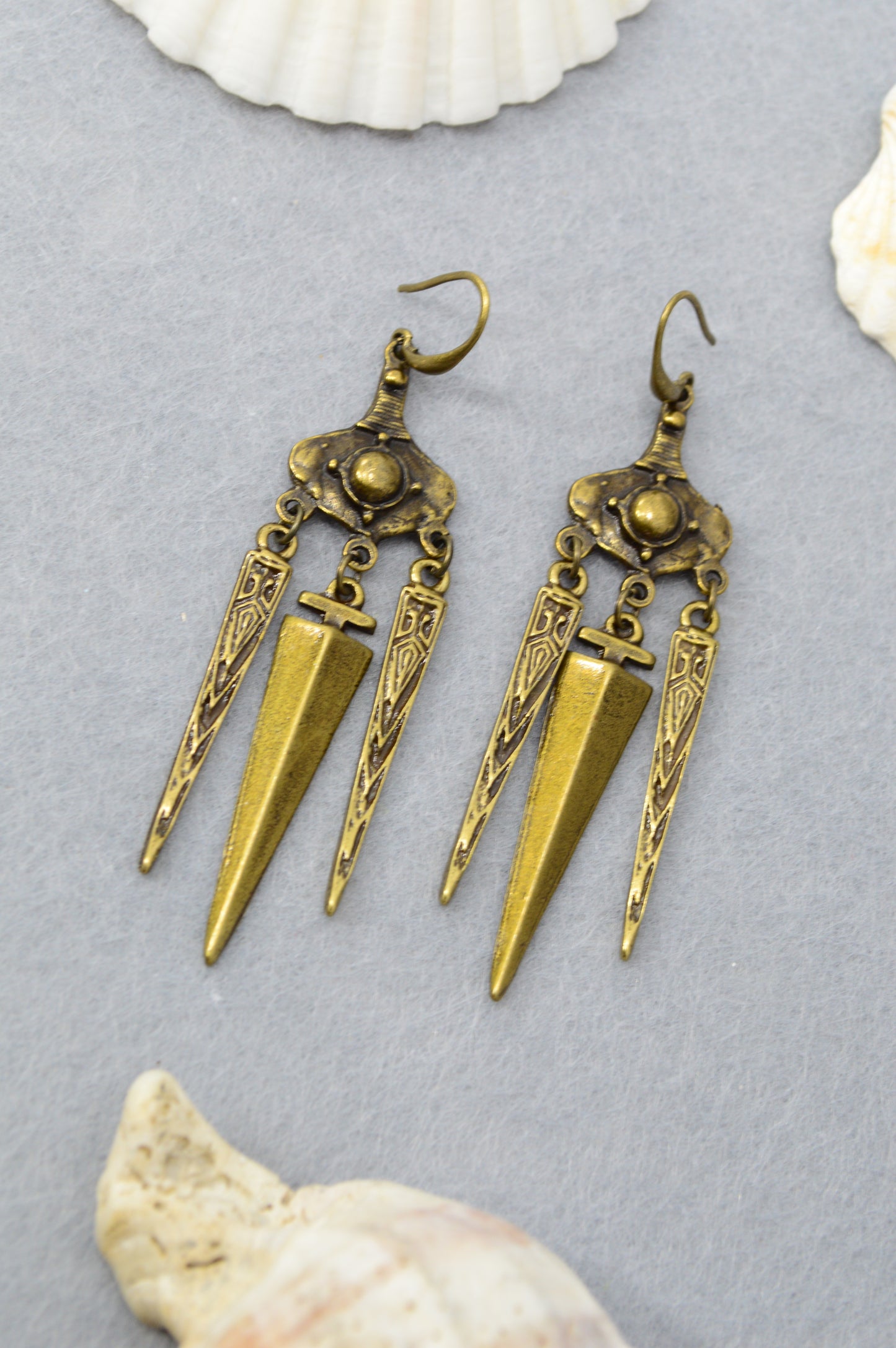 Boho Tribal Spike Dangle Earrings in Silver & Bronze 10cm - 4"