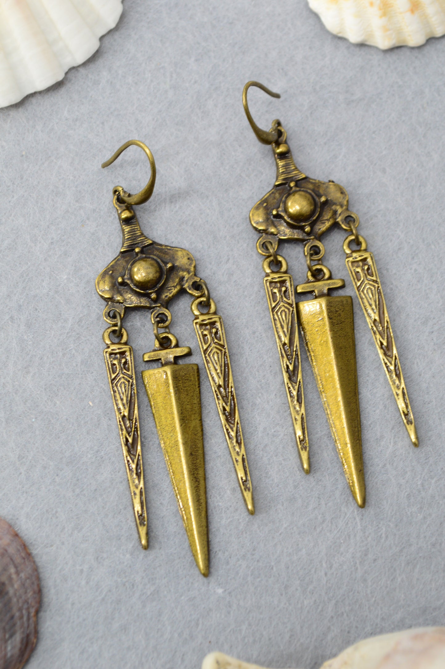 Boho Tribal Spike Dangle Earrings in Silver & Bronze 10cm - 4"