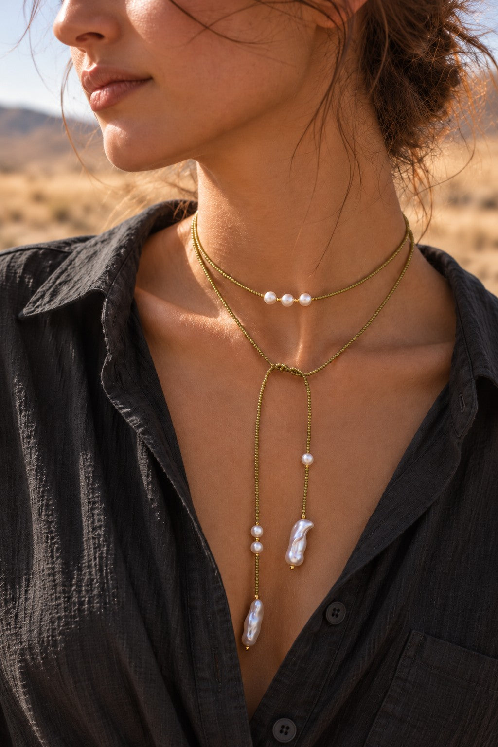 Apple Green Olive Beaded Pearl Wrap Lariat