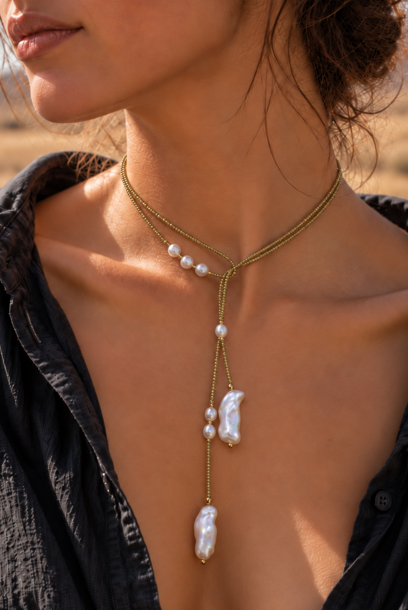 Apple Green Olive Beaded Pearl Wrap Lariat