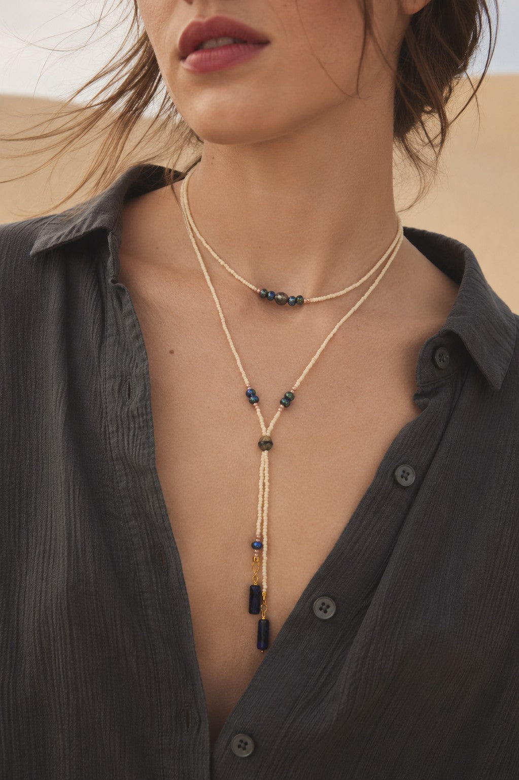 Cream Beaded Lariat Necklace with Sapphire Blue Glass Beads – Adjustable Y Necklace