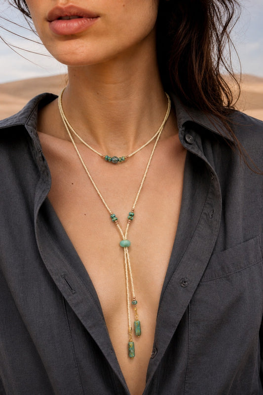 Collier lariat en rocailles turquoise – Collier Y bohème réglable en perles de verre tchèque
