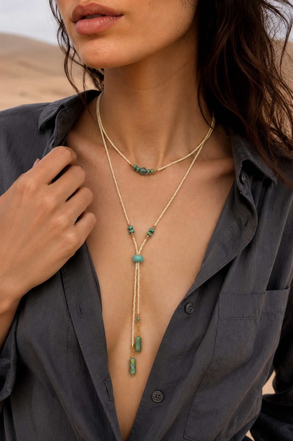 Turquoise Beaded Lariat Necklace – Adjustable Boho Y Necklace with Czech Glass Beads