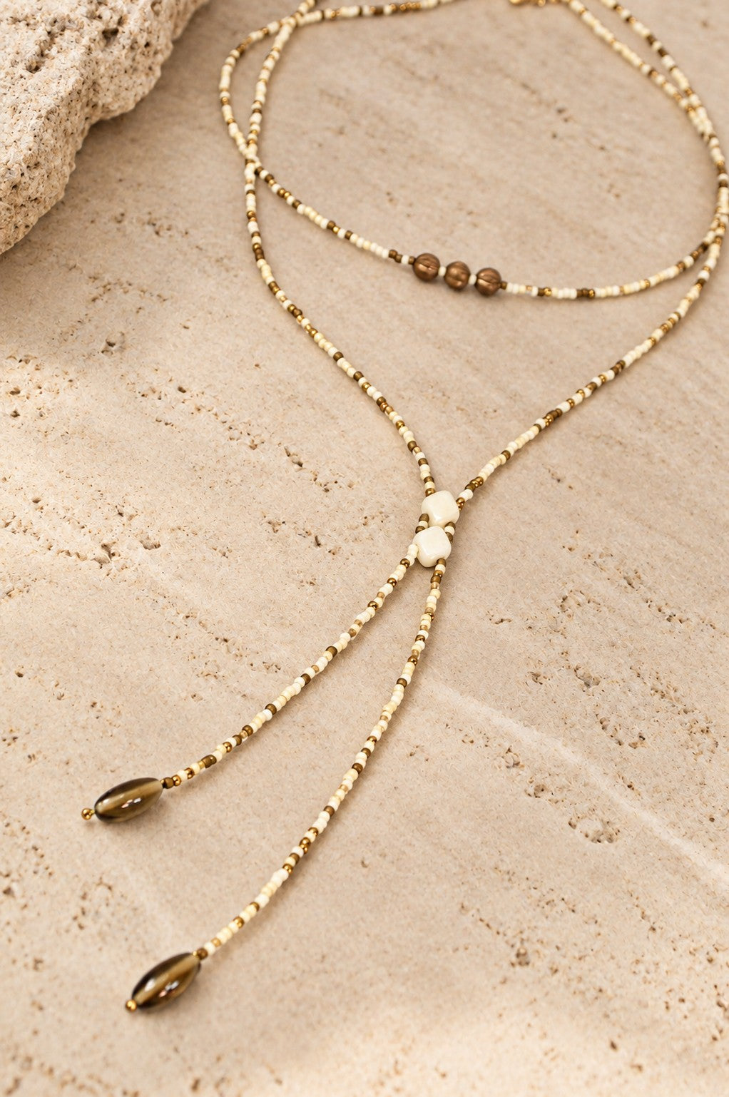 Ivory & Bronze Beaded Y Lariat Necklace