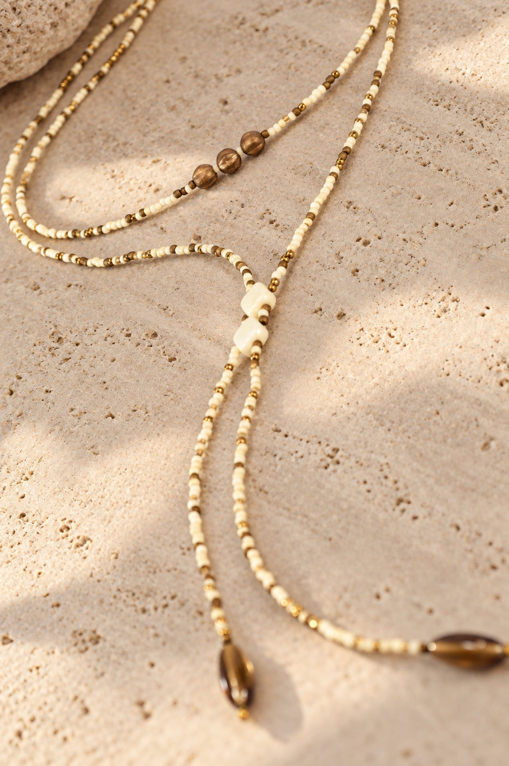 Ivory & Bronze Beaded Y Lariat Necklace