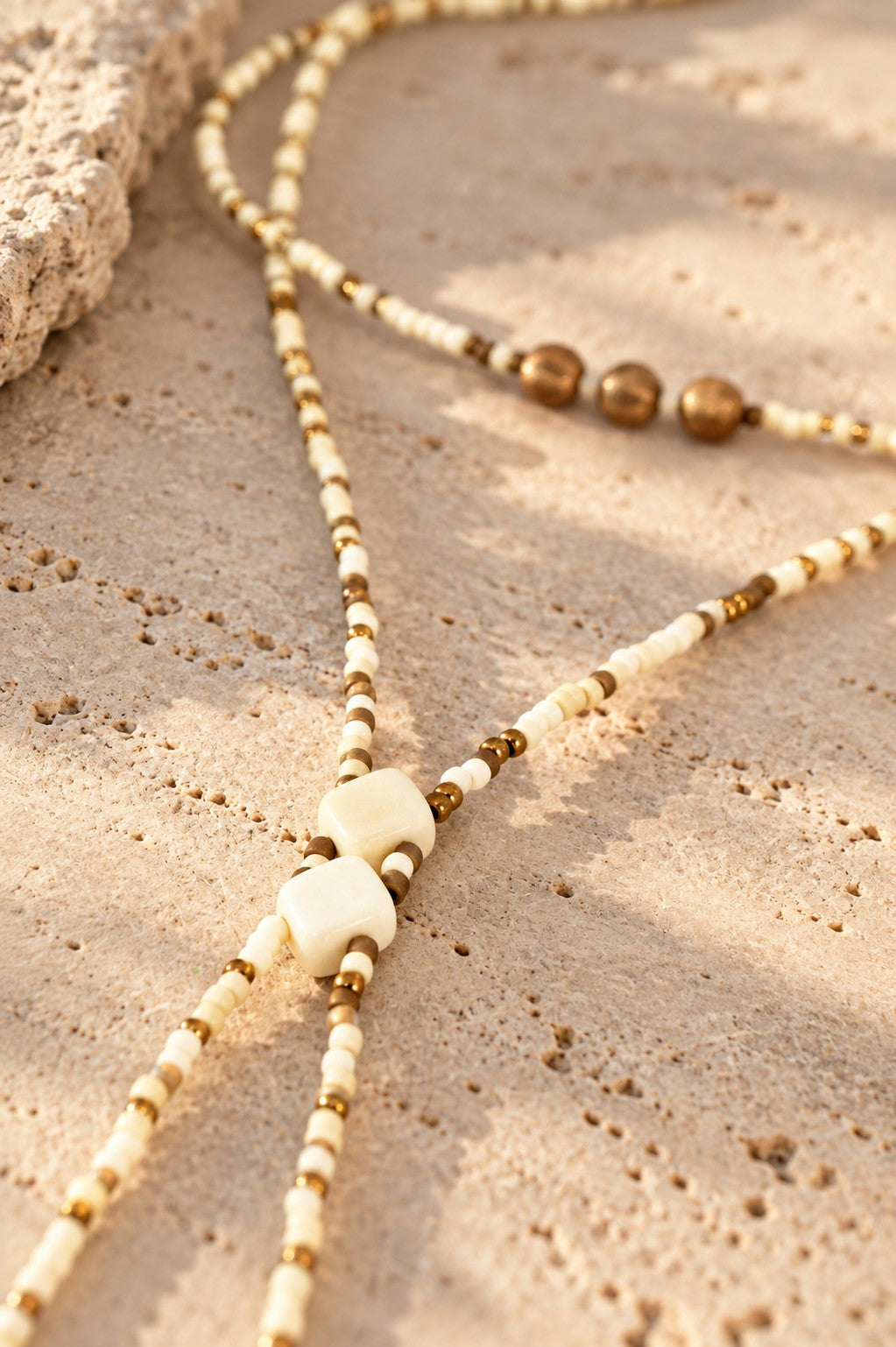 Ivory & Bronze Beaded Y Lariat Necklace