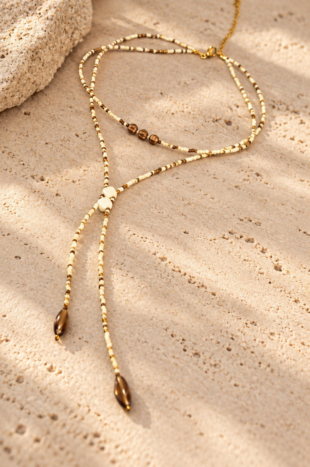 Ivory & Bronze Beaded Y Lariat Necklace