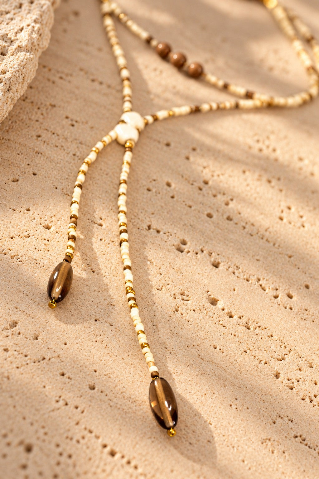 Ivory & Bronze Beaded Y Lariat Necklace