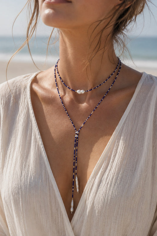 Azure Dusk Blue Beaded Pearl Lariat Necklace
