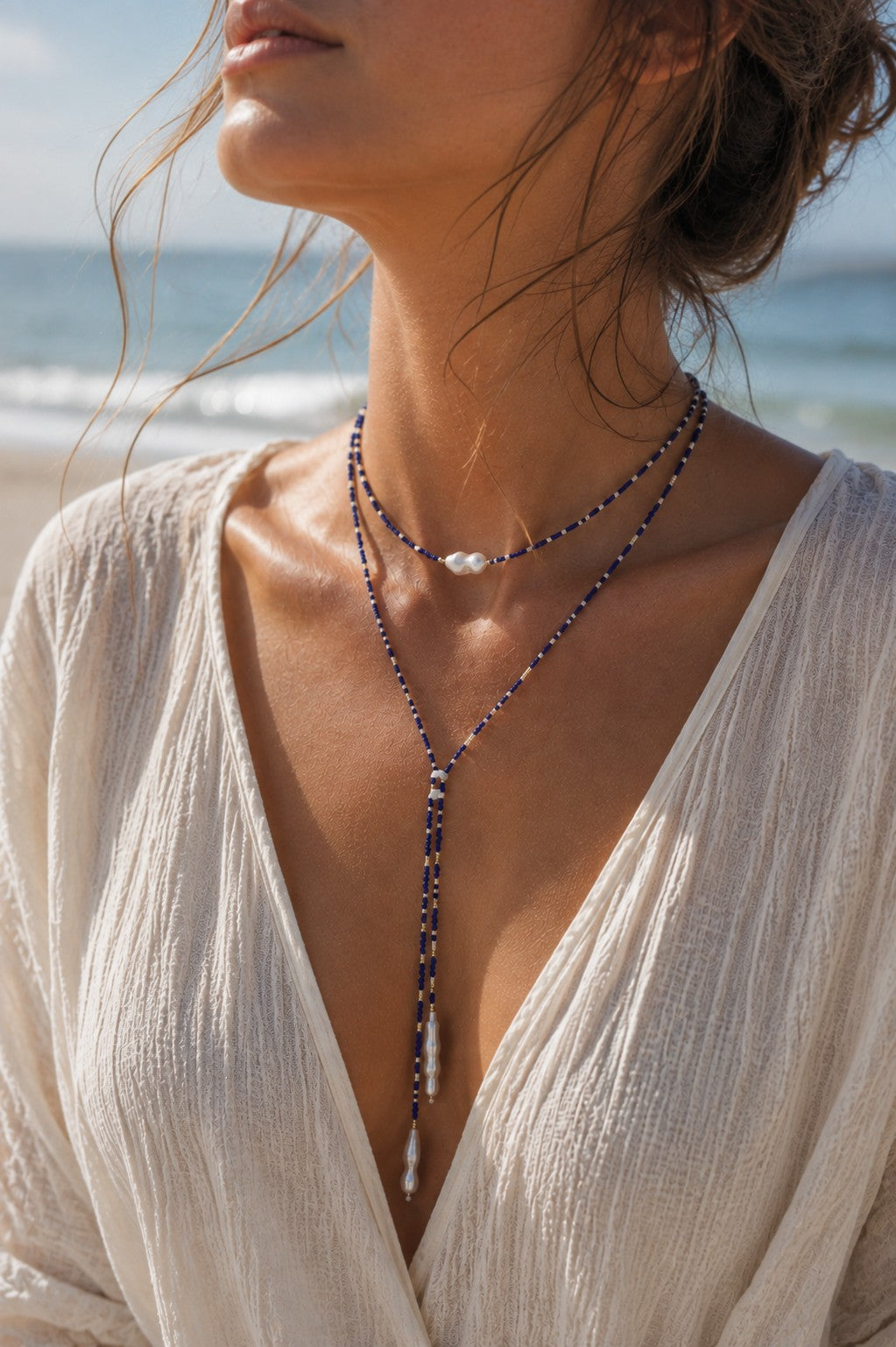 Azure Dusk Blue Beaded Pearl Lariat Necklace