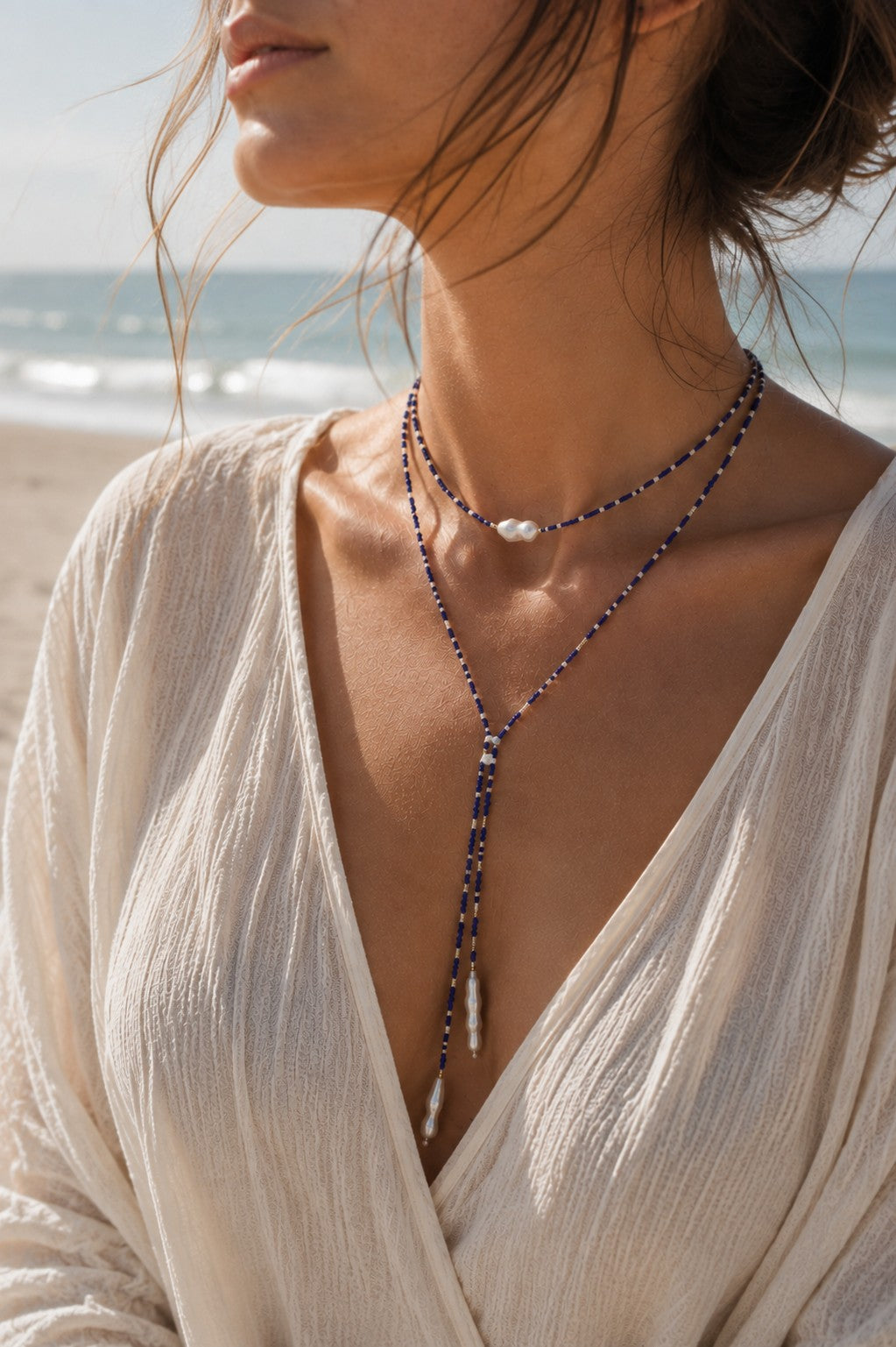 Azure Dusk Blue Beaded Pearl Lariat Necklace