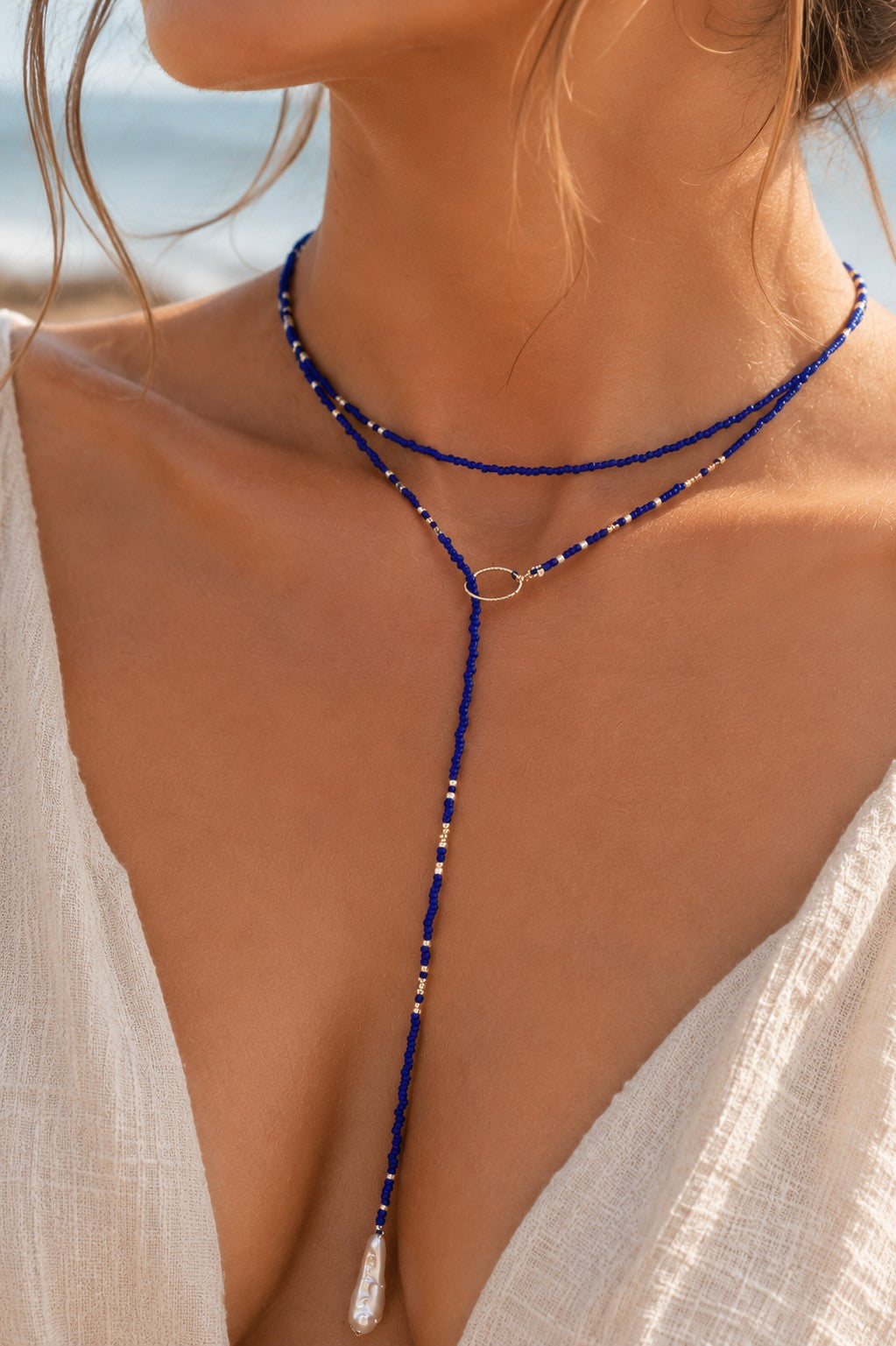 Blue & Red Beaded Pearl Lariat Necklace | Estibela