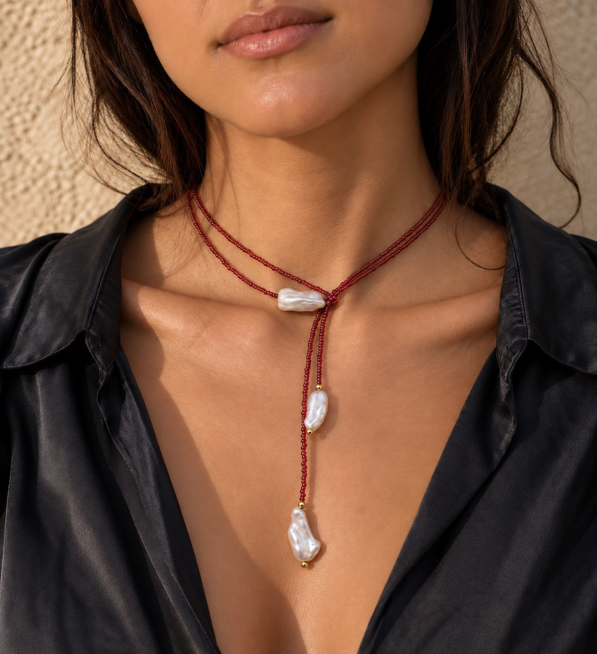 Brick Red | Baroque Pearl Beaded Wrap Lariat