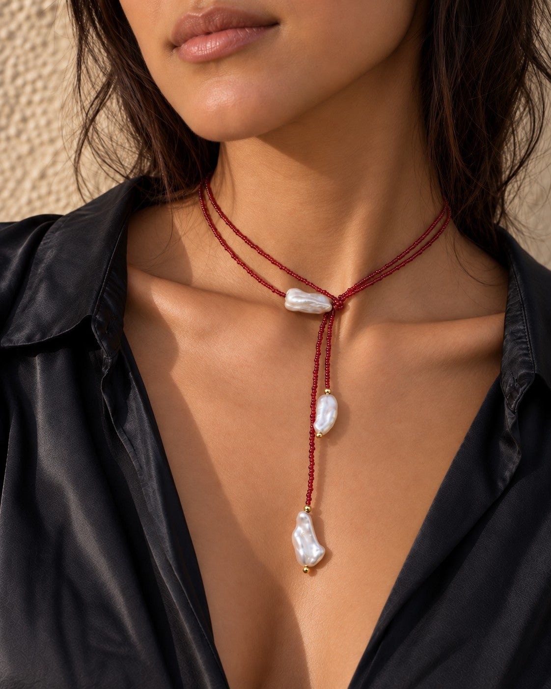 Brick Red | Baroque Pearl Beaded Wrap Lariat